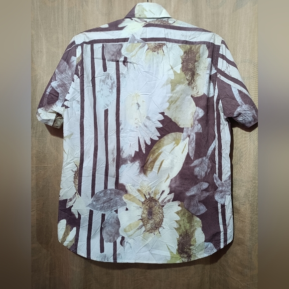HUGO BOSS Man Brown Floral Print 100% Cotton Short Sleeve Shirt Size L - Picture 2 of 10